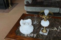 Fenton Vintage Rose Bud Ruffled Opaque Milk Glass Marble Base Parlor Table Lamp