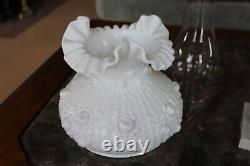 Fenton Vintage Rose Bud Ruffled Opaque Milk Glass Marble Base Parlor Table Lamp