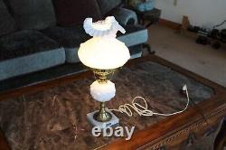 Fenton Vintage Rose Bud Ruffled Opaque Milk Glass Marble Base Parlor Table Lamp