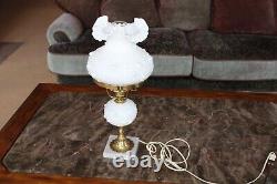 Fenton Vintage Rose Bud Ruffled Opaque Milk Glass Marble Base Parlor Table Lamp