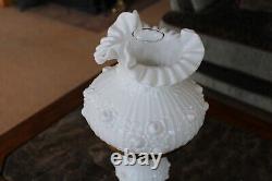 Fenton Vintage Rose Bud Ruffled Opaque Milk Glass Marble Base Parlor Table Lamp
