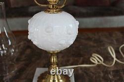 Fenton Vintage Rose Bud Ruffled Opaque Milk Glass Marble Base Parlor Table Lamp