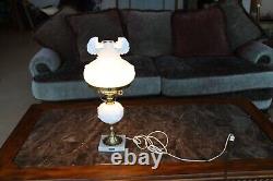 Fenton Vintage Rose Bud Ruffled Opaque Milk Glass Marble Base Parlor Table Lamp