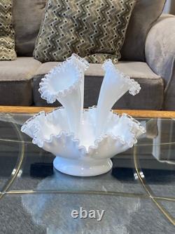 Fenton Vintage White Milk Glass Silver Crest Three 3 Horn Epergne (M)