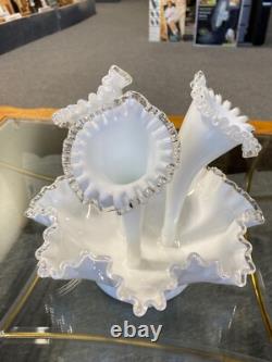 Fenton Vintage White Milk Glass Silver Crest Three 3 Horn Epergne (M)