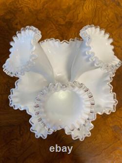 Fenton Vintage White Milk Glass Silver Crest Three 3 Horn Epergne (M)