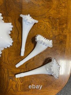 Fenton Vintage White Milk Glass Silver Crest Three 3 Horn Epergne (M)