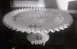 Fenton Violets In The Snow Milk Glass Silver Crest Large Pedestal Cake Stand