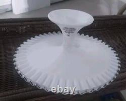 Fenton Violets In The Snow Milk Glass Silver Crest Large Pedestal Cake Stand