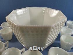 Fenton White Hobnail Milk Glass Octagonal Punch Bowl Set Bowl, Ladle, 12 Cups