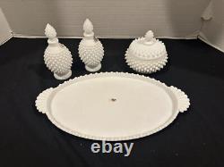 Fenton White Hobnail Milk Glass Vanity set perfumes and powder box & Tray
