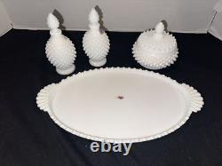 Fenton White Hobnail Milk Glass Vanity set perfumes and powder box & Tray