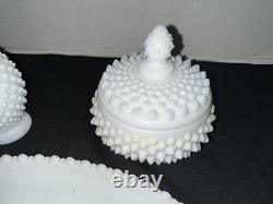 Fenton White Hobnail Milk Glass Vanity set perfumes and powder box & Tray