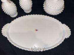 Fenton White Hobnail Milk Glass Vanity set perfumes and powder box & Tray