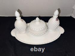 Fenton White Hobnail Milk Glass Vanity set perfumes and powder box & Tray