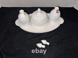 Fenton White Hobnail Milk Glass Vanity set perfumes and powder box & Tray