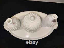 Fenton White Hobnail Milk Glass Vanity set perfumes and powder box & Tray