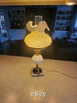 Fenton White Milk Art Glass EMBOSSED POPPY Student Lamp with Marble Base 20.5