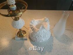 Fenton White Milk Art Glass EMBOSSED POPPY Student Lamp with Marble Base 20.5