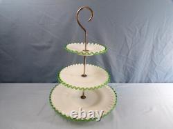 Fenton White Milk Glass Green Emerald Crest 3 Tier Handled Tidbit Serving Tray