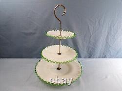 Fenton White Milk Glass Green Emerald Crest 3 Tier Handled Tidbit Serving Tray