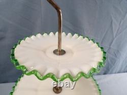 Fenton White Milk Glass Green Emerald Crest 3 Tier Handled Tidbit Serving Tray