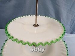 Fenton White Milk Glass Green Emerald Crest 3 Tier Handled Tidbit Serving Tray