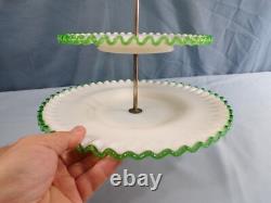 Fenton White Milk Glass Green Emerald Crest 3 Tier Handled Tidbit Serving Tray