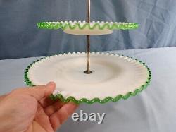 Fenton White Milk Glass Green Emerald Crest 3 Tier Handled Tidbit Serving Tray