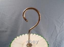 Fenton White Milk Glass Green Emerald Crest 3 Tier Handled Tidbit Serving Tray