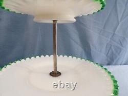 Fenton White Milk Glass Green Emerald Crest 3 Tier Handled Tidbit Serving Tray