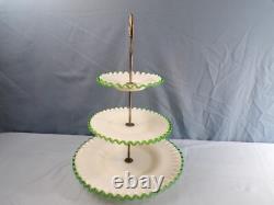 Fenton White Milk Glass Green Emerald Crest 3 Tier Handled Tidbit Serving Tray