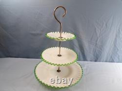 Fenton White Milk Glass Green Emerald Crest 3 Tier Handled Tidbit Serving Tray