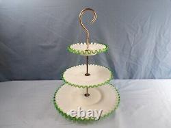 Fenton White Milk Glass Green Emerald Crest 3 Tier Handled Tidbit Serving Tray 2