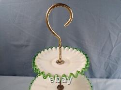 Fenton White Milk Glass Green Emerald Crest 3 Tier Handled Tidbit Serving Tray 2