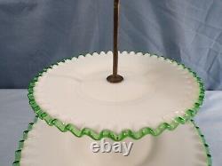 Fenton White Milk Glass Green Emerald Crest 3 Tier Handled Tidbit Serving Tray 2