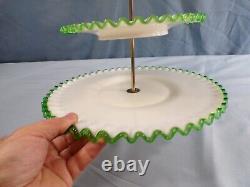 Fenton White Milk Glass Green Emerald Crest 3 Tier Handled Tidbit Serving Tray 2