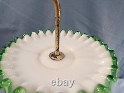 Fenton White Milk Glass Green Emerald Crest 3 Tier Handled Tidbit Serving Tray 2