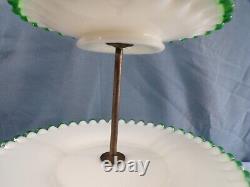 Fenton White Milk Glass Green Emerald Crest 3 Tier Handled Tidbit Serving Tray 2