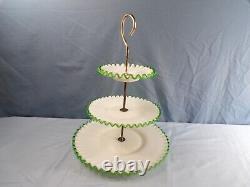 Fenton White Milk Glass Green Emerald Crest 3 Tier Handled Tidbit Serving Tray 2