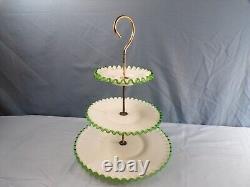 Fenton White Milk Glass Green Emerald Crest 3 Tier Handled Tidbit Serving Tray 2