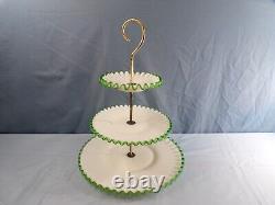 Fenton White Milk Glass Green Emerald Crest 3 Tier Handled Tidbit Serving Tray 2