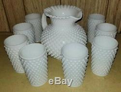 Fenton White Milk Glass Hobnail 8 Pitcher & 8 5 Tumblers Set, Vintage, EUC