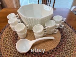 Fenton White Milk Glass Hobnail 8 Sided Punch Bowl Set With 12 Cups And Ladle