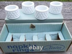 Fenton White Milk Glass Hobnail Napkin Rings Set Of 4 in Original Box Vintage