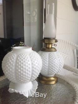 Fenton White Milk Glass Hobnail Round Globe Double Ball Hurricane Lamp GWTW