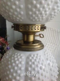 Fenton White Milk Glass Hobnail Round Globe Double Ball Hurricane Lamp GWTW