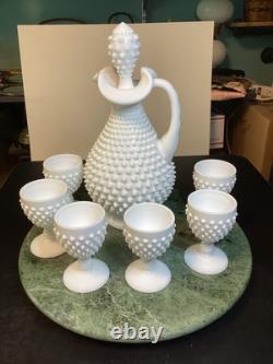 Fenton White Milk Glass Hobnail Wine Set Decanter with Stopper and 6 Goblets