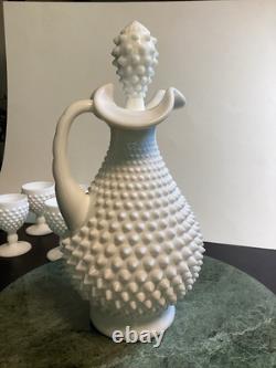 Fenton White Milk Glass Hobnail Wine Set Decanter with Stopper and 6 Goblets