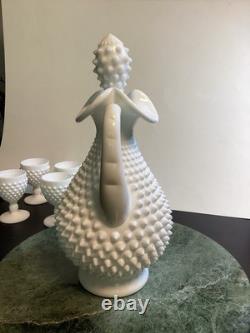 Fenton White Milk Glass Hobnail Wine Set Decanter with Stopper and 6 Goblets